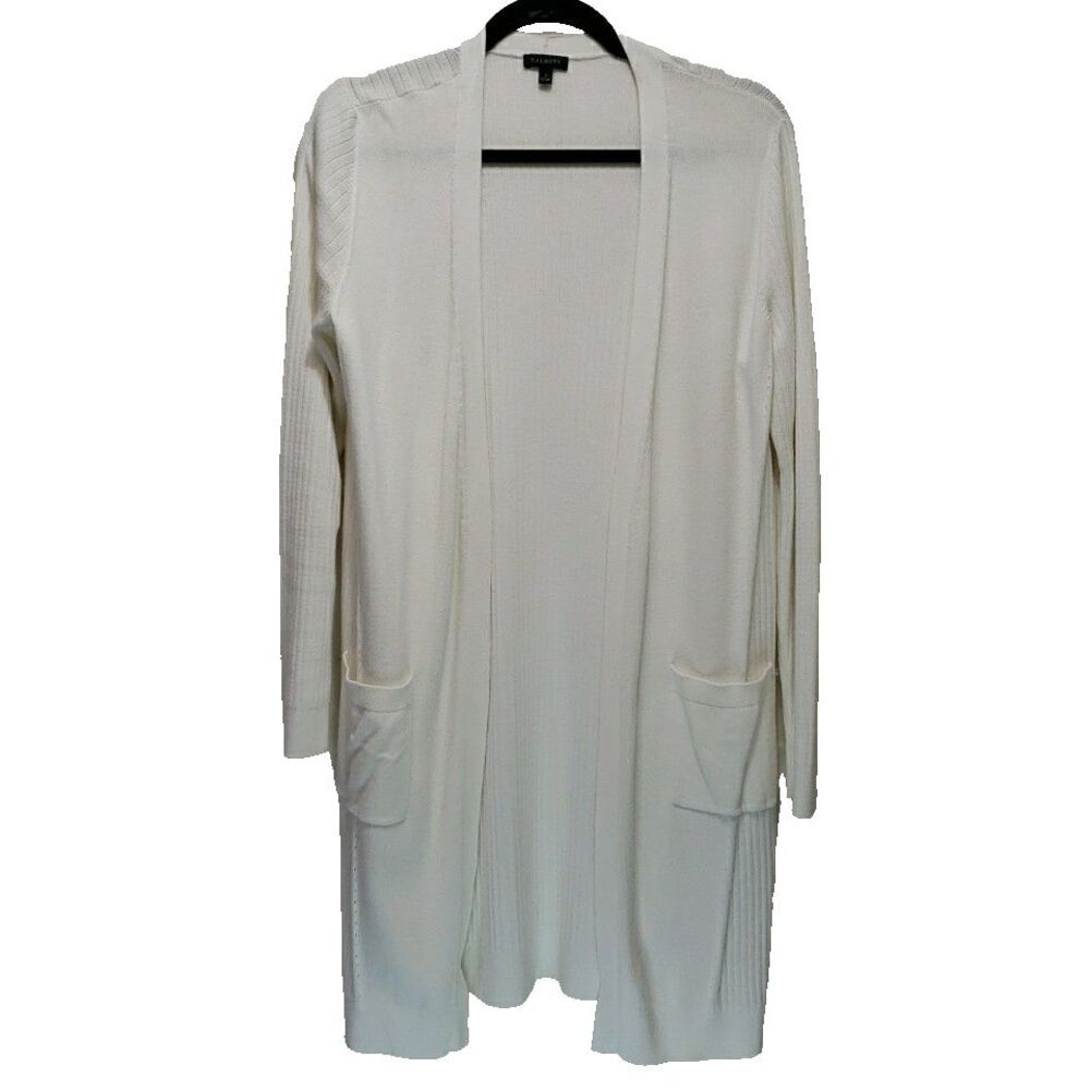 Talbots Ivory White Ribbed Duster Cardigan Sweater Women Sz S Open Front Pockets